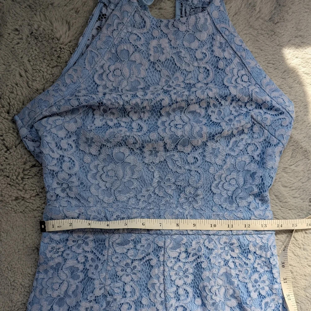 Aqua Light Blue Lace Halter Neck Romper With Open Back | Medium